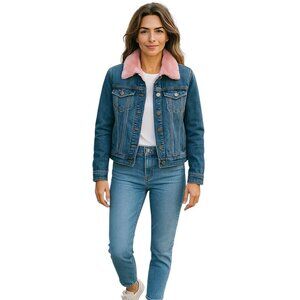 Denim Jean Jacket with Pink faux fur collar